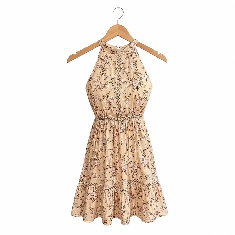 Sunday Mi Amor Halter Floral Mini Dress Tan Boho Crochet Open Back Size M - Picture 2 of 6